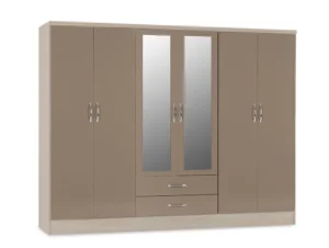 Seconique Nevada Oyster Gloss and Oak 6 Door 2 Drawer Mirrored Wardrobe