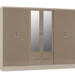 Seconique Nevada Oyster Gloss and Oak 6 Door 2 Drawer Mirrored Wardrobe