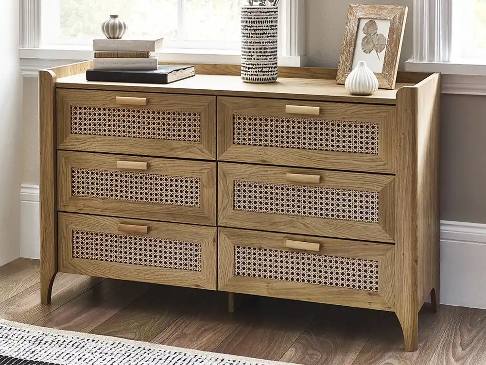 Julian Bowen Sydney Oak and Rattan Effect 3+3 Drawer Chest of Drawers