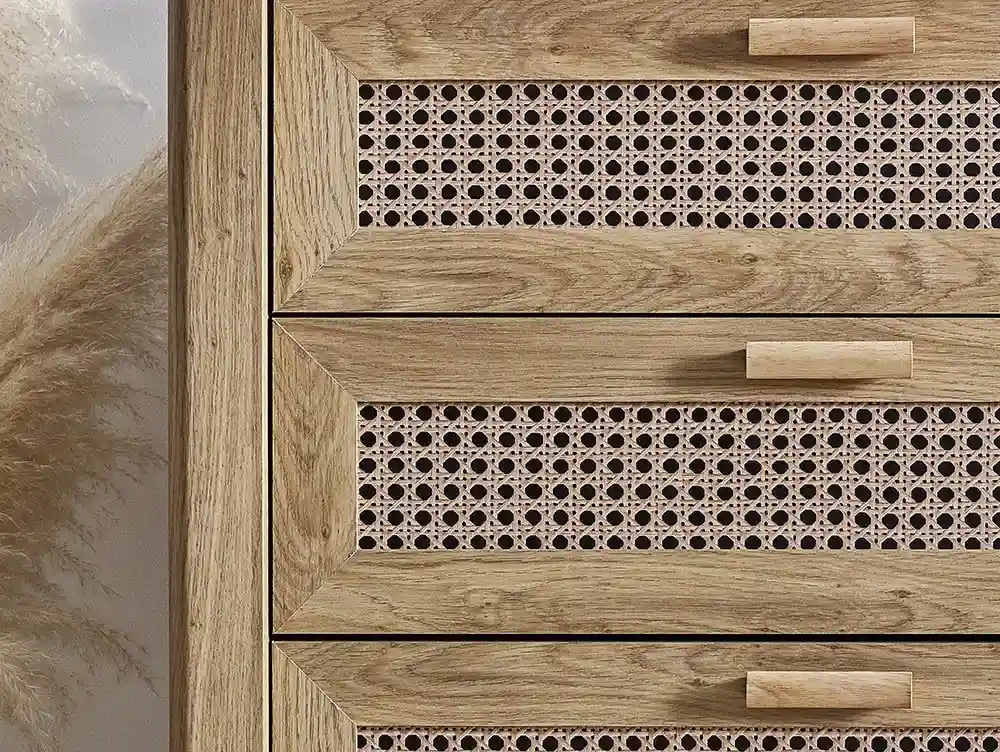 Julian Bowen Sydney Oak and Rattan Effect 5 Drawer Chest of Drawers - Image 3