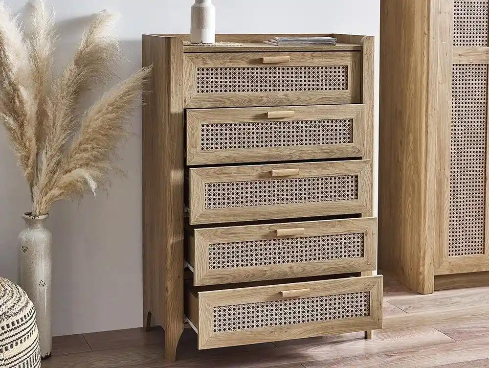 Julian Bowen Sydney Oak and Rattan Effect 5 Drawer Chest of Drawers - Image 2