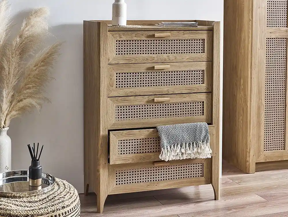 Julian Bowen Sydney Oak and Rattan Effect 5 Drawer Chest of Drawers
