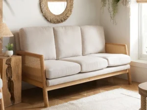 Birlea Ida Rattan and White Fabric 3 Seater Sofa