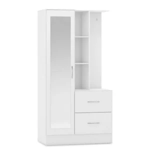 Seconique Nevada White High Gloss 1 Door 2 Drawer Mirrored Shelving Wardrobe
