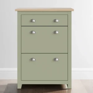 GFW Lancaster Green and Oak 2 Door 1 Drawer Shoe Cabinet