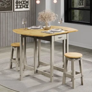 Core Corona Grey and Waxed Pine Oval Drop leaf Dining Table & 2 Stool Set