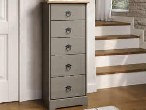 Core Corona Compact Grey and Waxed Pine 5 Drawer Narrow Chest of Drawers