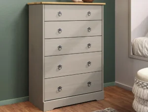 Core Corona Compact Grey and Waxed Pine 5 Drawer Chest of Drawers