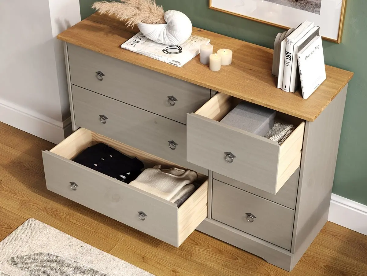 Core Corona Compact Grey and Waxed Pine 3+3 Drawer Wide Chest of Drawers - Image 2