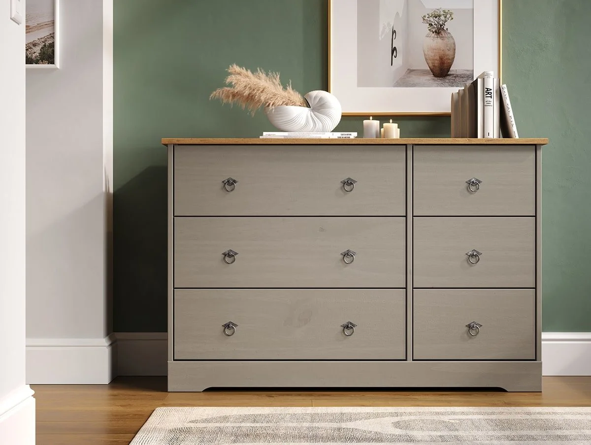 Core Corona Compact Grey and Waxed Pine 3+3 Drawer Wide Chest of Drawers