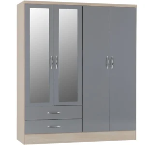 Seconique Nevada Grey Gloss and Oak 4 Door 2 Drawer Mirrored Wardrobe