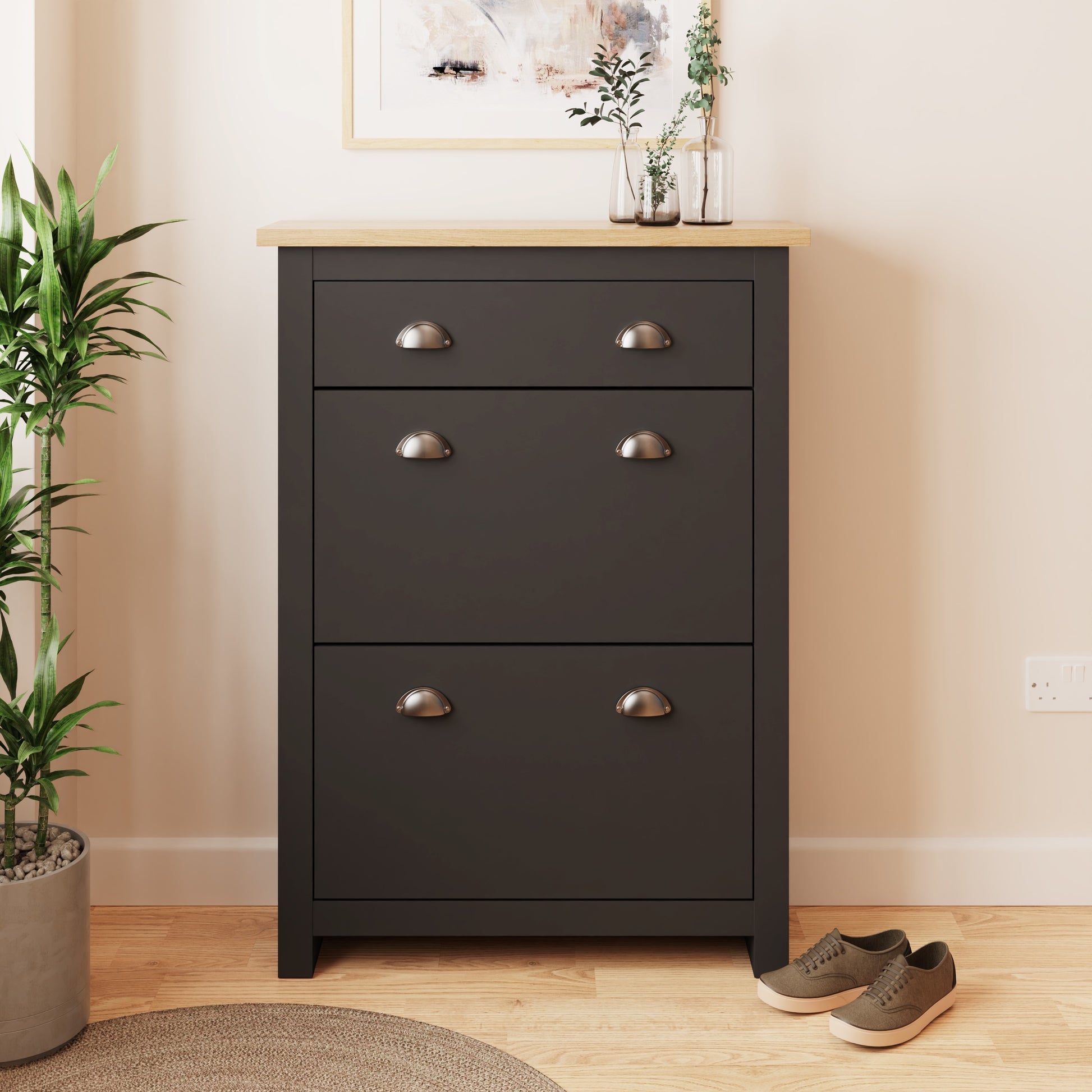 GFW Lancaster 2 Door 1 Drawer Shoe Cabinet - Black