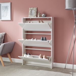 GFW Narrow High Gloss Three Tier Shoe Cabinet - White