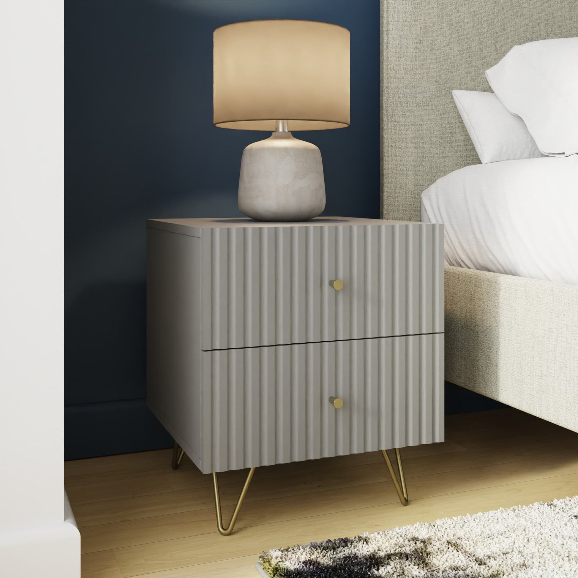 GFW Thalia Ribbed 2 Drawer Bedside Table - Grey