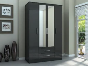 Birlea Lynx Black High Gloss 4 Door 2 Drawer Mirrored Large Wardrobe