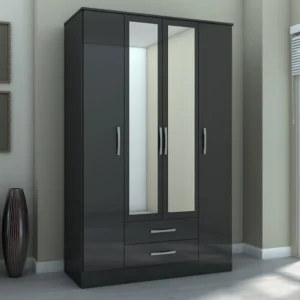 Birlea Lynx Black High Gloss 4 Door 2 Drawer Mirrored Large Wardrobe
