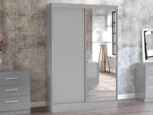Birlea Lynx Grey High Gloss Sliding Door Mirrored Large Double Wardrobe