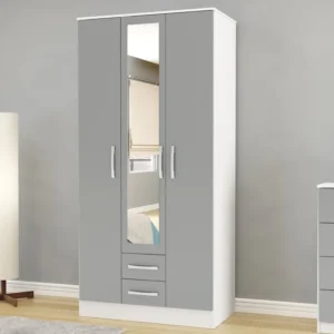 Birlea Lynx Grey High Gloss and White 3 Door 2 Drawer Mirrored Triple Wardrobe