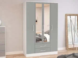 Birlea Lynx Grey High Gloss and White 4 Door 2 Drawer Mirrored Large Wardrobe