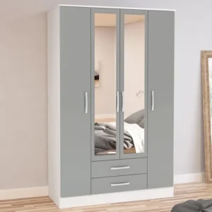 Birlea Lynx Grey High Gloss and White 4 Door 2 Drawer Mirrored Large Wardrobe