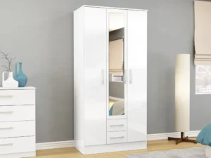 Birlea Lynx White High Gloss 3 Door 2 Drawer Mirrored Triple Wardrobe