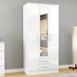 Birlea Lynx White High Gloss 3 Door 2 Drawer Mirrored Triple Wardrobe