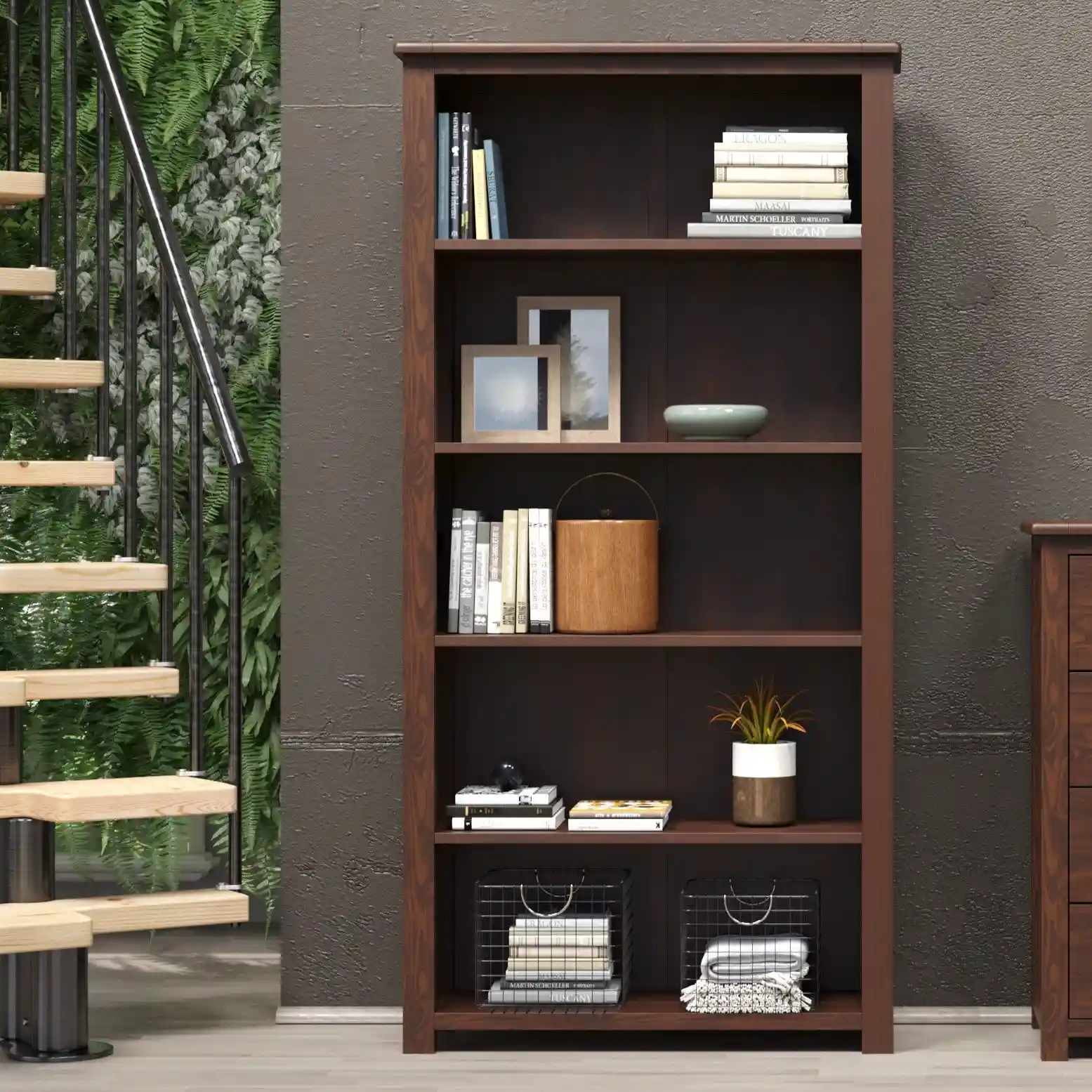 Core Boston Dark Antique Pine Wooden Tall Bookcase