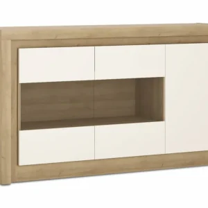 Furniture To Go Lyon White High Gloss and Oak 3 Door Glazed Sideboard