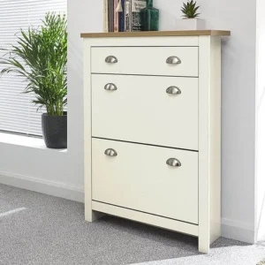 GFW Lancaster Cream and Oak 2 Door 1 Drawer Shoe Cabinet
