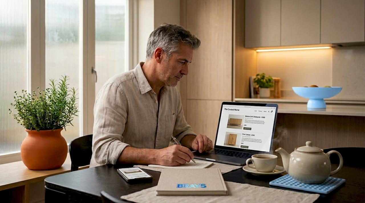 Person comparing furniture listings online at home