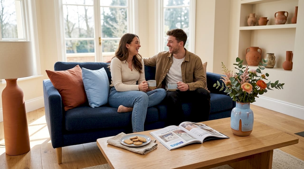 Couple relaxing on stylish living room sofa
