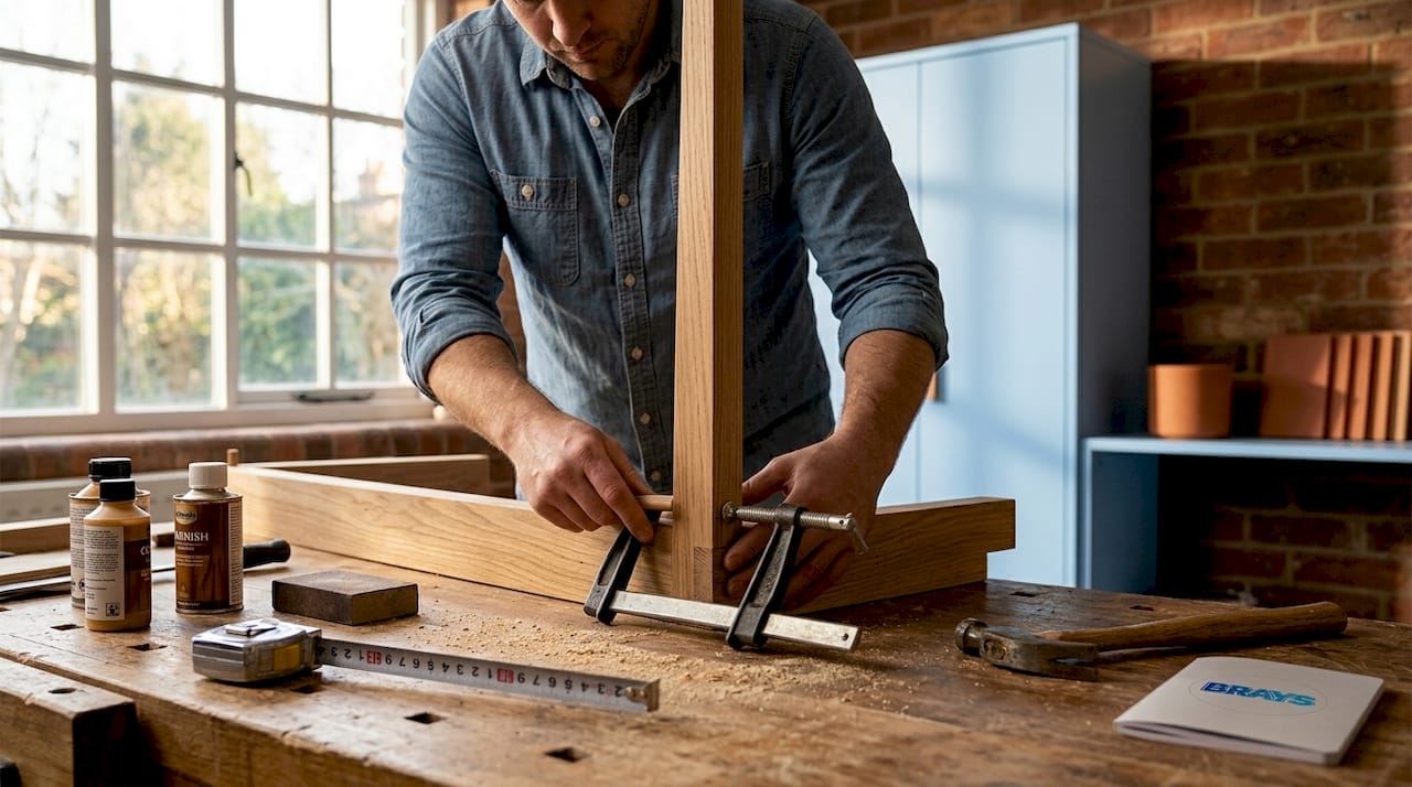 Craftsman assembling wooden sofa frame