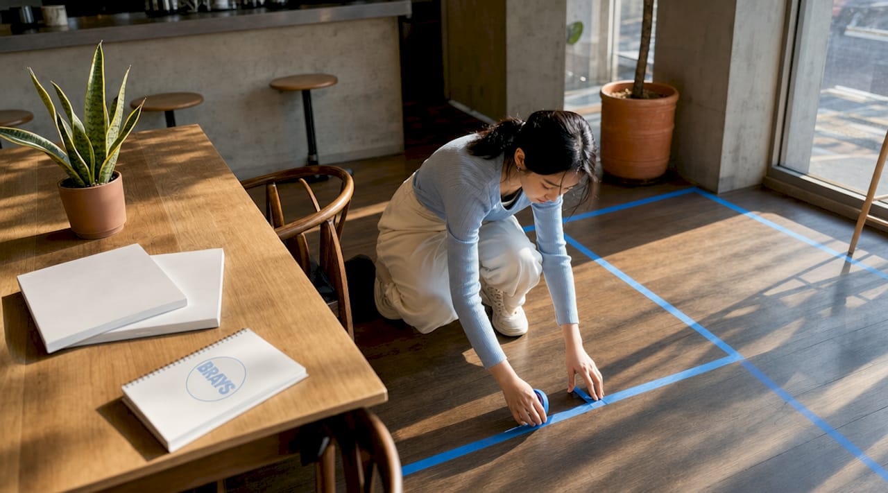 Person measuring small space for furniture layout