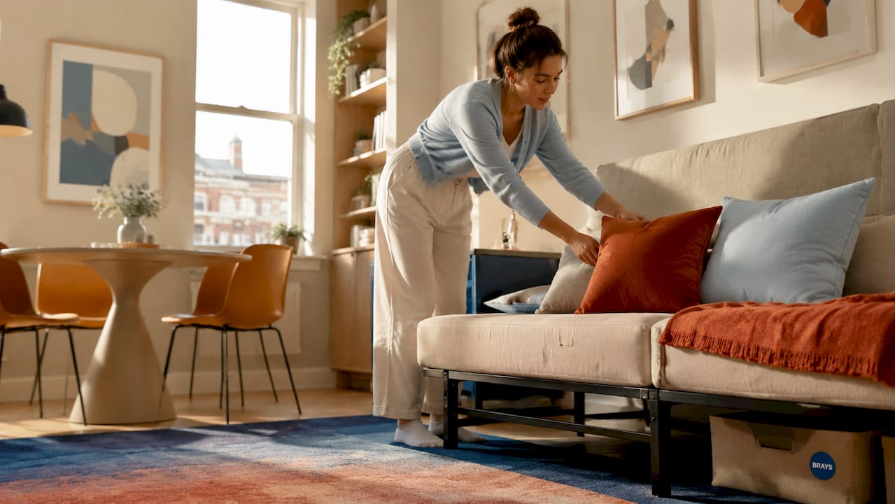 Woman styling sofa bed in small apartment