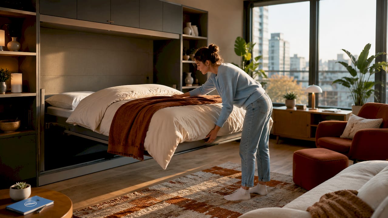 Woman adjusting Murphy bed in stylish bedroom