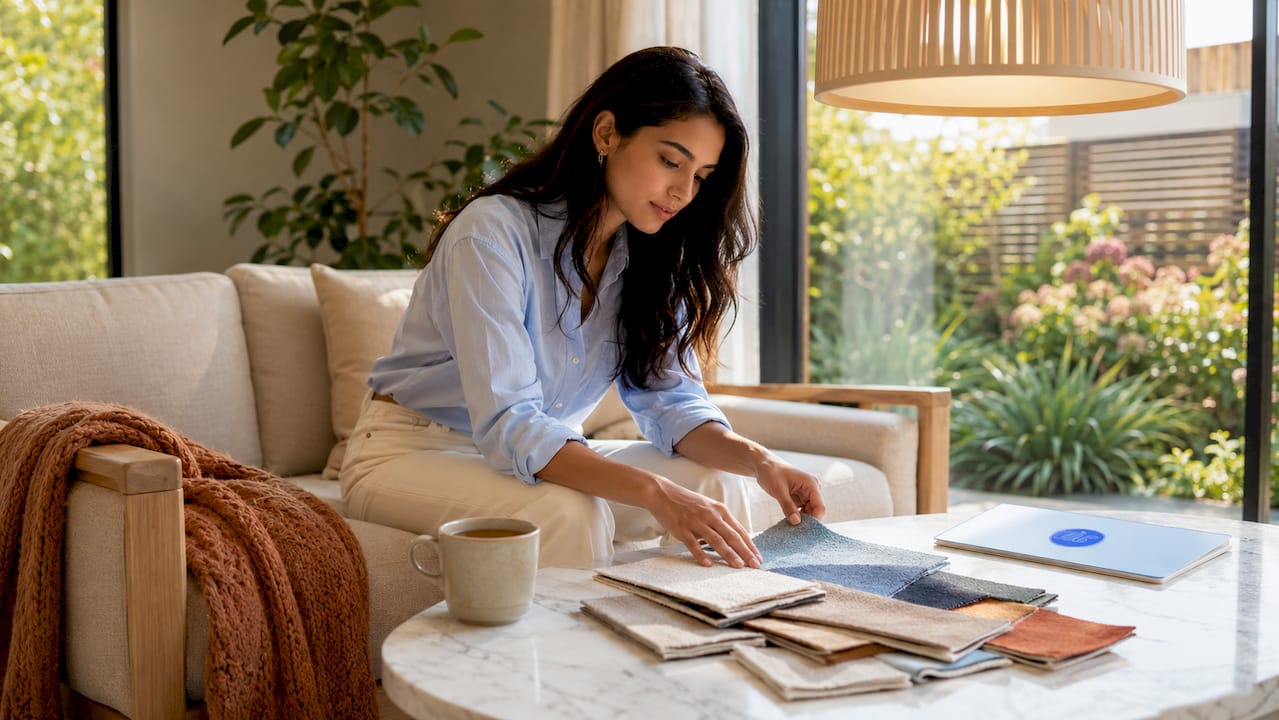 Woman selecting fabric on Mid-century Modern sofa