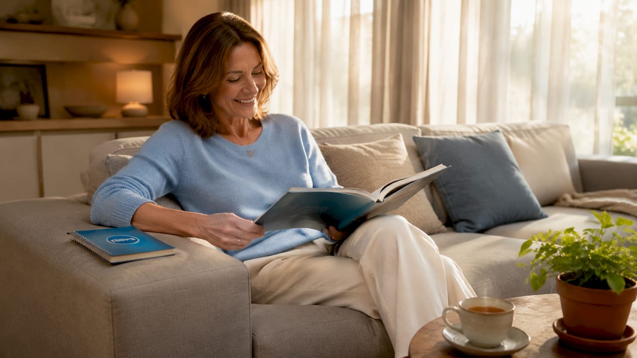 Woman resting arm on rolled-arm sofa comfortably