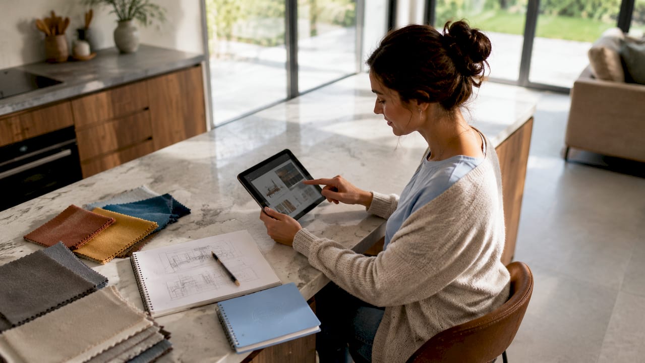 Woman using tablet for furniture customization