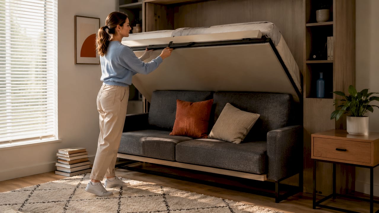 Woman unfolding sofa bed in apartment living room
