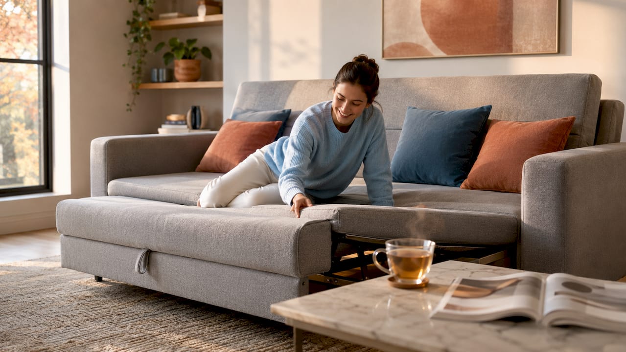 Woman testing socket bed comfort in living room